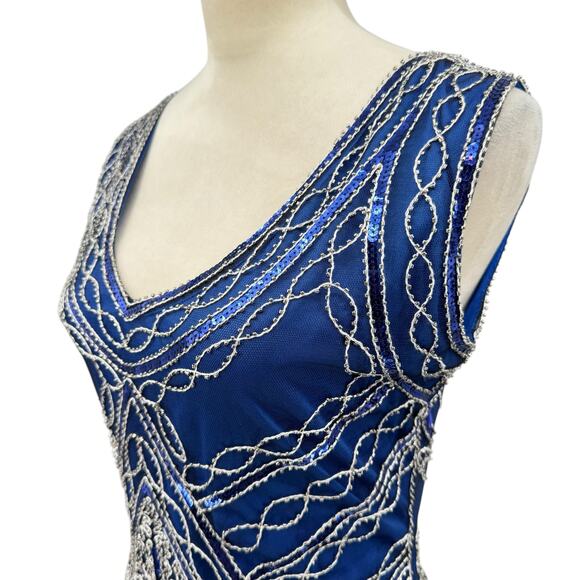 Babeyond NWT Royal Blue Sequin Beaded Fringe Flapper Style Midi Dress - Picture 5 of 12